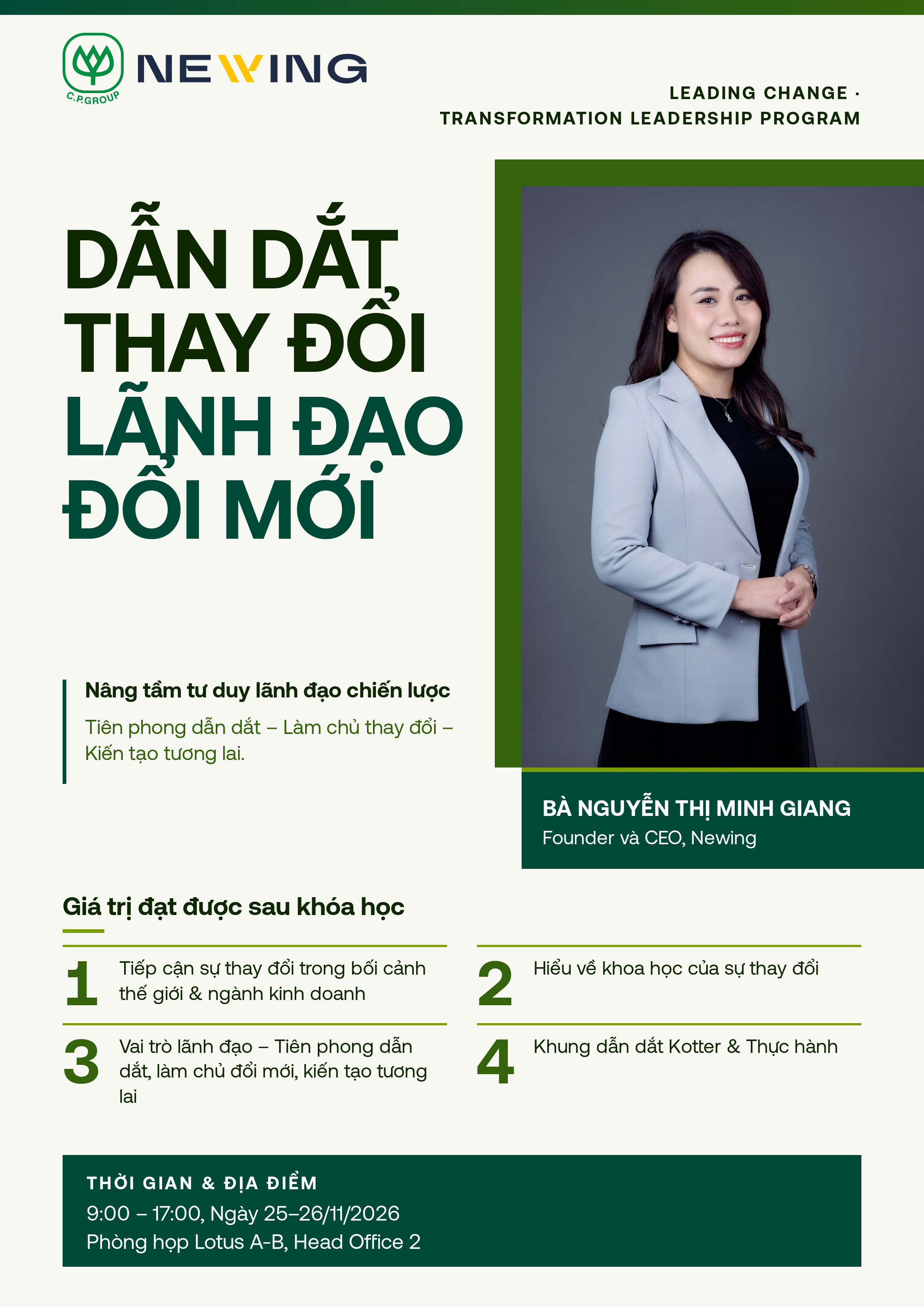 Tờ rơi Dẫn dắt thay đổi – Lãnh đạo đổi mới, dải xanh C.P. phía trên, tiêu đề indigo trên nền kem, chân dung lớn tràn góc phải dưới, đường kẻ vàng mảnh